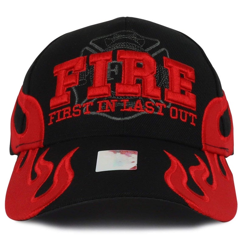AborenCo Fire Department - First in Last Out, Fireman Officer Gear, Uniform Baseball Cap Hat, Adjustable (Black & Flame) - Image 2